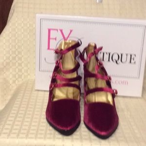 EY Boutique Burgundy Buckle Up Velvet Pumps.